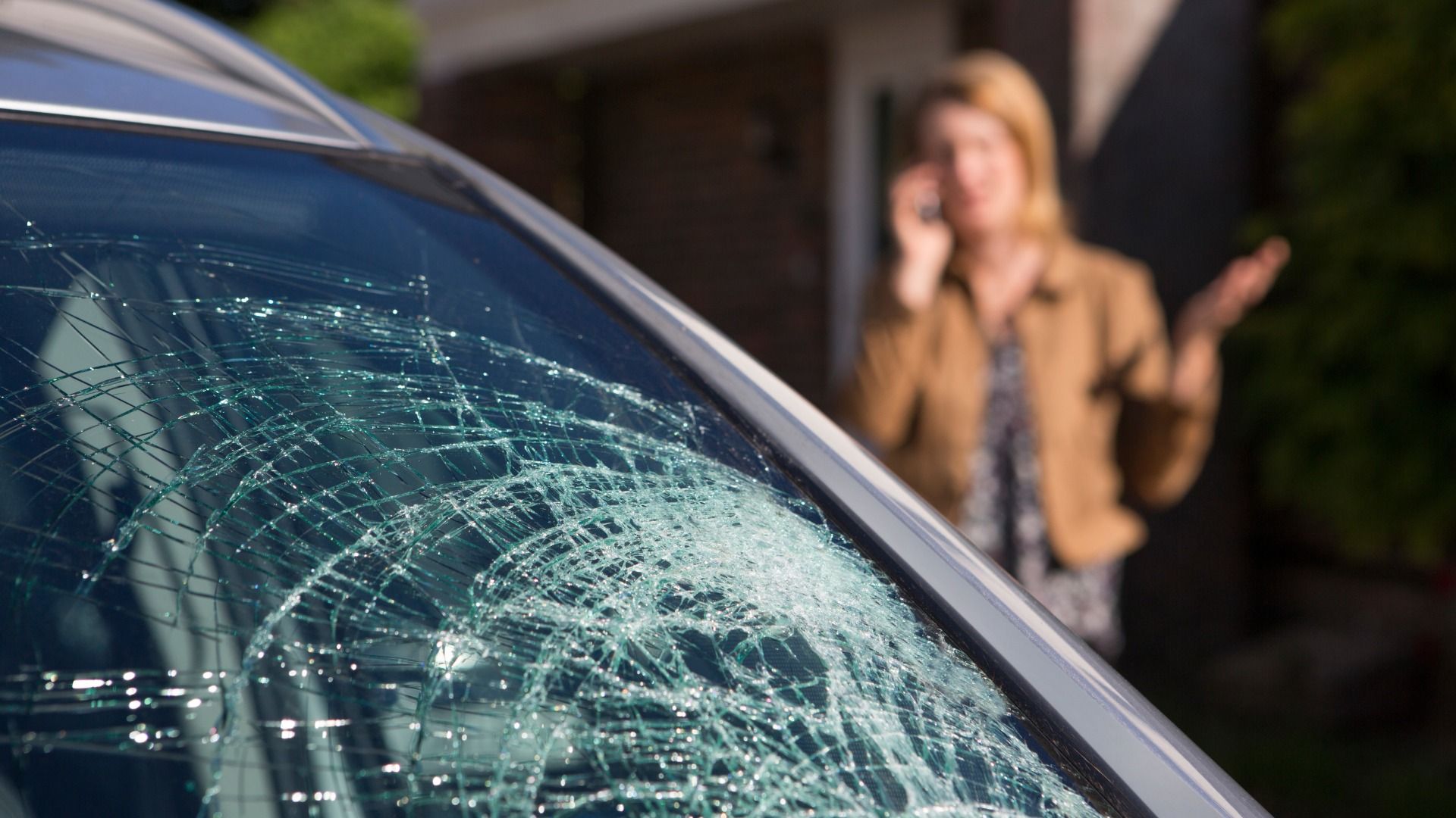 A broken car windshield